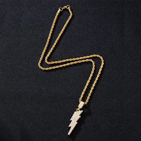 Hip Hop Iced Out Lightning Bolt Pendant Necklace Stainless Steel Rope Chain Zinc Alloy Rhinestone Jewelry For Men Women