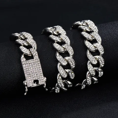 Collana a Catena Cubana Pesante da Uomo Iced Out Strass Lega di Zinco Hip Hop Gioielli Streetwear Oro Argento Oro Rosa