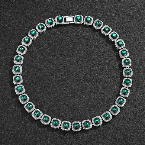 Hip Hop Emerald Green Square Gemstone Necklace Bracelet Set Rhinestone Iced Out Cuban Chain Zinc Alloy Luxury Jewelry For Men Women