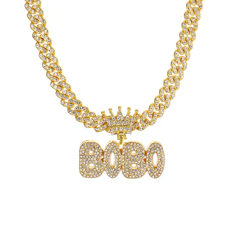 Collana con Ciondolo a Forma di Corona con Lettera BOBO Iced Out Per Uomo Donna Gioielli Hip Hop Maglia Cubana
