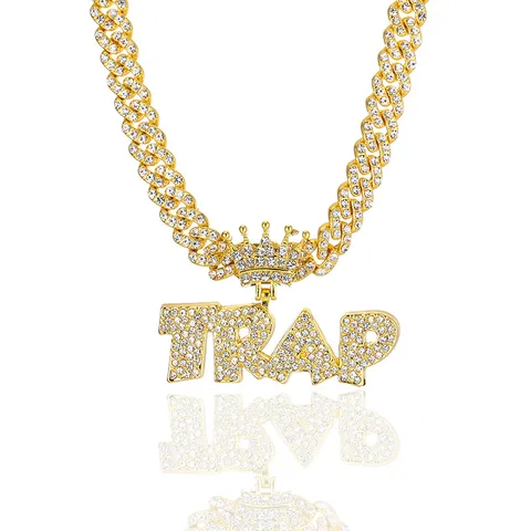 Collana Con Pendente Lettera Trap Hip Hop Con Corona Catena Cubana Interamente Con Strass Per Uomo Donna Gioielli Oro Argento