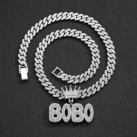 Collana con Ciondolo a Forma di Corona con Lettera BOBO Iced Out Per Uomo Donna Gioielli Hip Hop Maglia Cubana