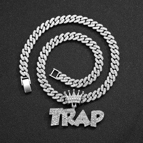 Collana Con Pendente Lettera Trap Hip Hop Con Corona Catena Cubana Interamente Con Strass Per Uomo Donna Gioielli Oro Argento