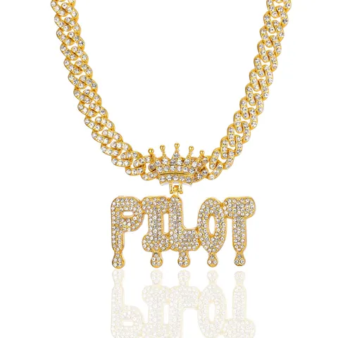 Collana Con Pendente Lettera Pilot Effetto Goccia Hip Hop Icy Con Corona Strass Intarsiati Lega Catena Cubana Gioielli