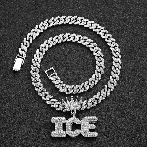 Collana Hip Hop con Ciondolo a Forma di Corona Lettera ICE Lega Strass Catena Cubana per Gioielli da Uomo Regalo