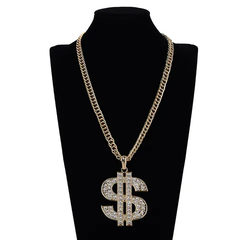 Hip Hop Gold Silver Plated Copper Zircon Dollar Sign Pendant Necklace Iced Out Rhinestone Cuban Link Chain Men Women Jewelry