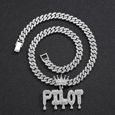 Collana Con Pendente Lettera Pilot Effetto Goccia Hip Hop Icy Con Corona Strass Intarsiati Lega Catena Cubana Gioielli