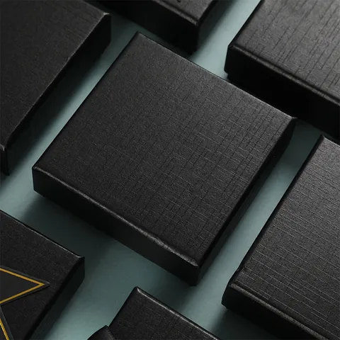 Exquisite High End Black Paper Jewelry Gift Box With Sponge Pad Square Saffiano Texture Packaging Box For Necklace Earring
