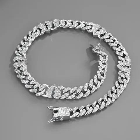 Collana Bracciale Catena Maglia Cubana con Cuore Spezzato Pieno di Strass in Lega Hip Hop per Uomo Donna Oro Argento Gioielli Streetwear
