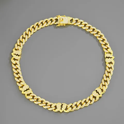 Collana Bracciale Catena Maglia Cubana con Cuore Spezzato Pieno di Strass in Lega Hip Hop per Uomo Donna Oro Argento Gioielli Streetwear