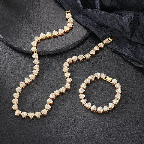 Set di Gioielli Hip Hop Con Collana e Bracciale a Catena a Cuore Per Uomo Donna in Lega di Zirconia Oro Argento