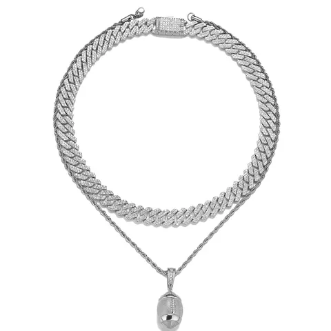 Hip Hop American Football Pendant Necklace Iced Out Rhinestone Cuban Link Rope Chain Sports Souvenir Men Women Jewelry