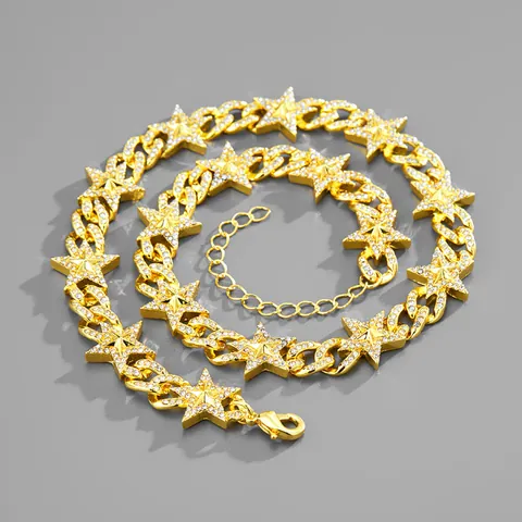Set Collana e Bracciale a Stella in Lega con Strass Hip Hop Catena a Maglia Cubana Placcata Oro Argento Gioielli Moda Unisex