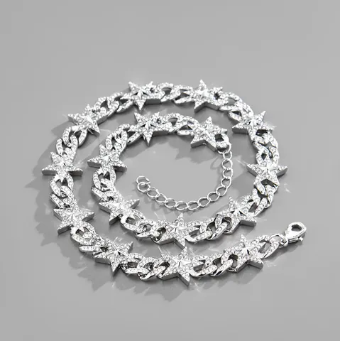 Set Collana e Bracciale a Stella in Lega con Strass Hip Hop Catena a Maglia Cubana Placcata Oro Argento Gioielli Moda Unisex
