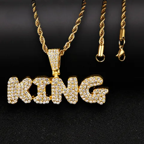 Hip Hop King Letter Pendant Necklace Alloy Iced Out Rhinestone Stainless Steel Rope Tennis Chain For Men Jewelry Gift