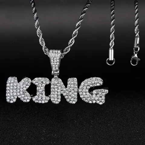 Hip Hop King Letter Pendant Necklace Alloy Iced Out Rhinestone Stainless Steel Rope Tennis Chain For Men Jewelry Gift