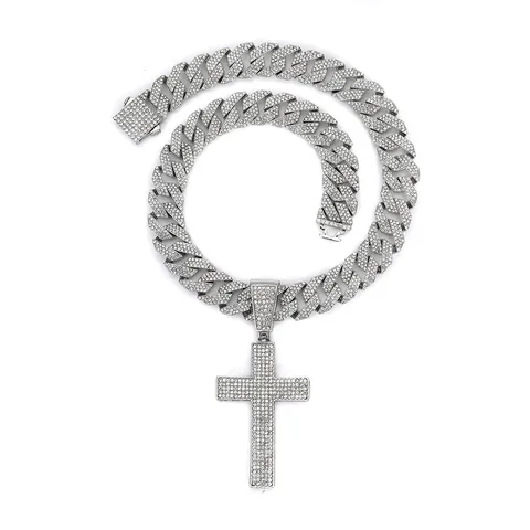 Collana Con Ciondolo a Croce Iced Out Hip Hop Catena Cubana in Lega Strass Gioielli per Uomo Donna Accessorio Moda Religioso