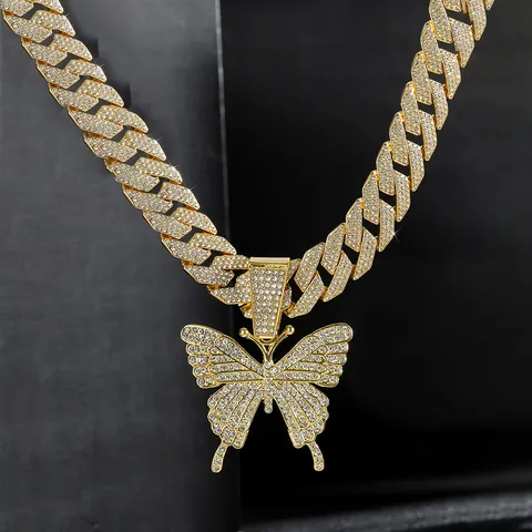 Collana con Pendente a Farfalla Hip Hop Iced Out per Uomo Donna Lega Maglia Cubana Strass Gioielli Streetwear Collana