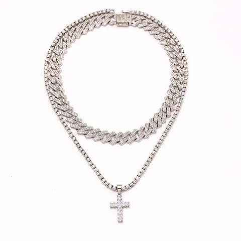 Hip Hop Cross Pendant Necklace Set Gold Silver Plated Alloy Rhinestone Cuban Chain Tennis Chain For Men Women Jewelry