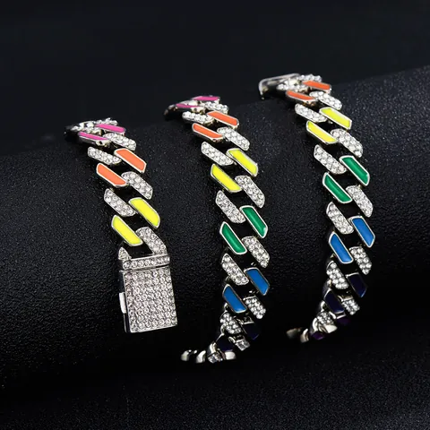 Collana E Bracciale Cuban Link Hip Hop Lega Di Zinco Strass Smalto Colorato Arcobaleno Gioielli Iced Out Unisex Moda Tendenza
