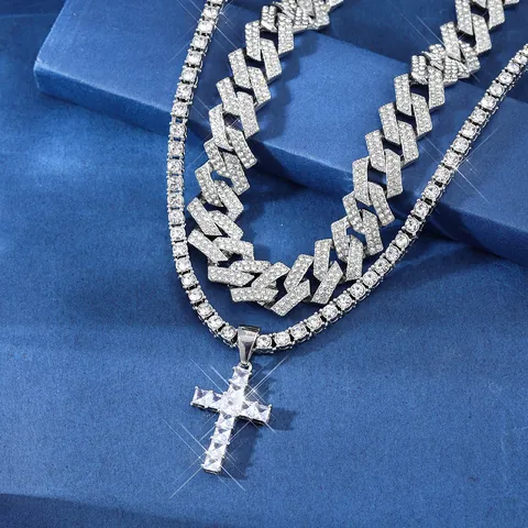Hip Hop Cross Pendant Necklace Set Gold Silver Plated Alloy Rhinestone Cuban Chain Tennis Chain For Men Women Jewelry