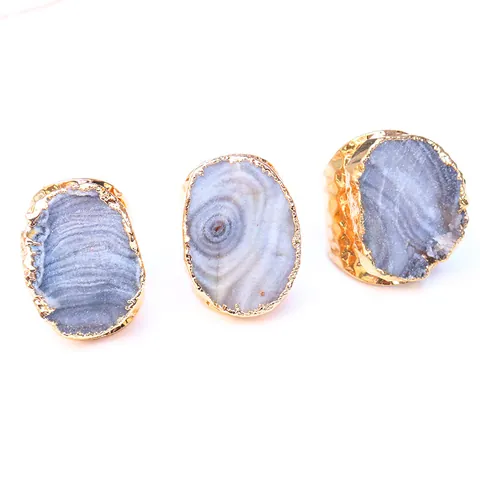 Bague Ouverte en Agate Naturelle Druzy Alliage Plaqué Or Irrégulier Ajustable Pierre Géode Bijoux Vintage pour Femme