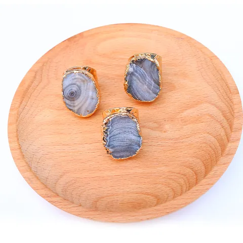 Bague Ouverte en Agate Naturelle Druzy Alliage Plaqué Or Irrégulier Ajustable Pierre Géode Bijoux Vintage pour Femme