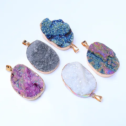 Colgante de Cristal Druzy Natural Sin Cadena Piedra Bruta Irregular Borde Chapado en Oro para Creación de Joyas DIY Accesorios Collar Mujer