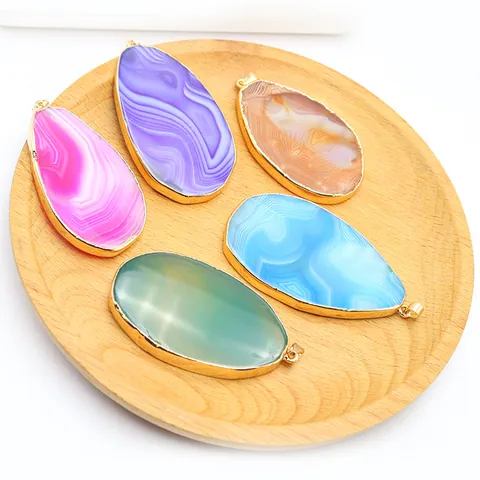 Natuurlijke Agaat Schijf Hanger Alleen Zonder Ketting Onregelmatige Waterdruppelvorm Vergulde Rand Steen DIY Sieraden Cadeau