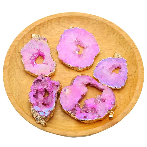 Natuurlijke Agaat Geode Schijf Hanger Vergulde Gouden Rand Onregelmatige Druzy Kristalsteen Voor Sieraden Maken DIY Ketting Bedel