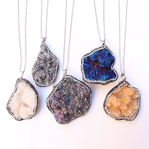 Onregelmatige Natuurlijke Druzy Kristal Agaat Hanger Zonder Ketting Voor Vrouwen DIY Sieraden Maken Legering Strass Rand