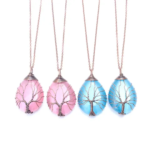 Pendentif Arbre de Vie Seul Sans Chaîne Forme Goutte Pierre Naturelle Cristal Agate Fait Main Enveloppé de Fil Bijoux Vintage Femme