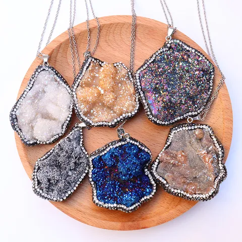 Onregelmatige Natuurlijke Druzy Kristal Agaat Hanger Zonder Ketting Voor Vrouwen DIY Sieraden Maken Legering Strass Rand