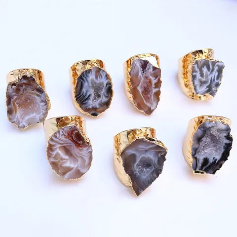 Natürliche Brasilianische Achat Geode Offener Ring Für Damen Vintage Vergoldet Hammerschlag Textur Roher Stein Schmuck