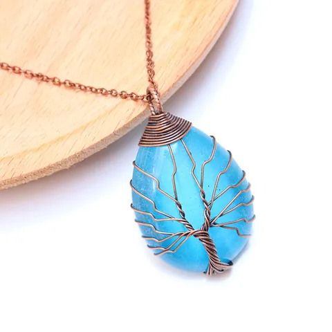 Pendentif Arbre de Vie Seul Sans Chaîne Forme Goutte Pierre Naturelle Cristal Agate Fait Main Enveloppé de Fil Bijoux Vintage Femme