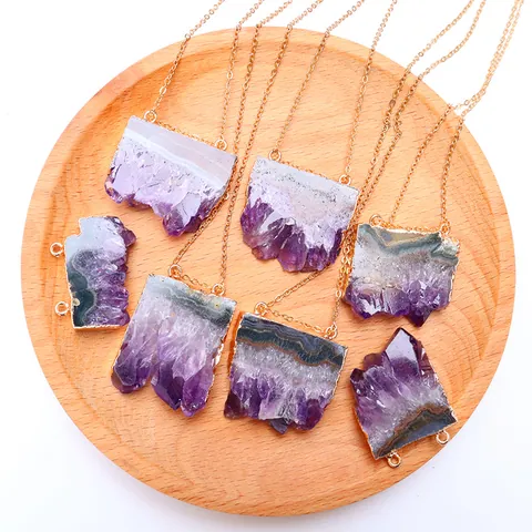 Natürlicher Amethyst Scheibe Druse Stein Nur Anhänger Ohne Kette Gold Plattiert Rand Unregelmäßiger Kristall Quarz Für Schmuck