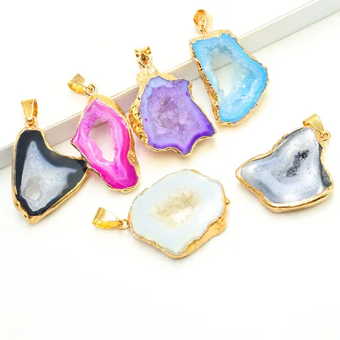 Natural Druzy Agate Geode Pendant Irregular Agate Stone Gold Plated Edge Bohemian Jewelry Women Pendant Only Without Chain