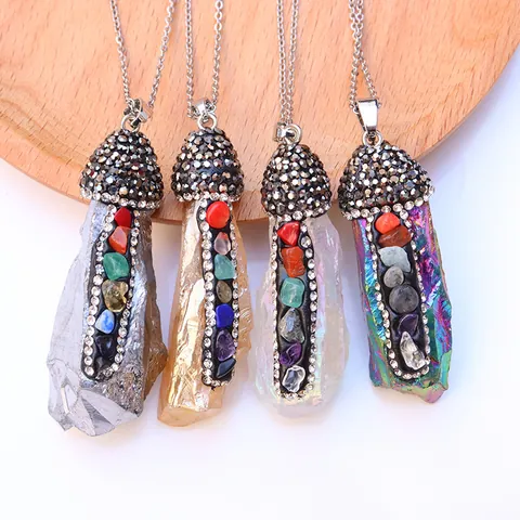 Natural Raw Crystal Pillar Pendant Only No Chain Irregular Seven Chakra Healing Stone With Rhinestone Alloy Cap Boho Spiritual Jewelry Accessory