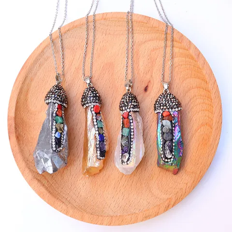 Natural Raw Crystal Pillar Pendant Only No Chain Irregular Seven Chakra Healing Stone With Rhinestone Alloy Cap Boho Spiritual Jewelry Accessory