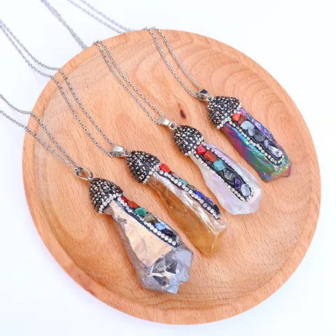 Natural Crystal Agate Point Pendant With Rhinestone Cap Healing Seven Chakra Stones Spiritual Yoga Jewelry For Women Gift