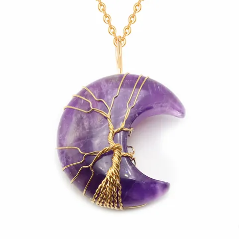 Vintage Lebensbaum Sichelmond Anhänger Nur Ohne Kette Natürlicher Kristall Edelstein Kupfer Drahtgewickelt Schmuck Geschenk Damen Herren