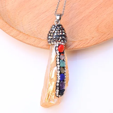 Natural Crystal Agate Point Pendant With Rhinestone Cap Healing Seven Chakra Stones Spiritual Yoga Jewelry For Women Gift