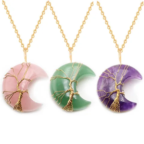 Vintage Lebensbaum Sichelmond Anhänger Nur Ohne Kette Natürlicher Kristall Edelstein Kupfer Drahtgewickelt Schmuck Geschenk Damen Herren