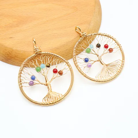 Handmade Tree Of Life Round Pendant For Women Gold Copper Wire Wrapped Natural Stone 7 Chakra Yoga Energy Jewelry Pendant Only