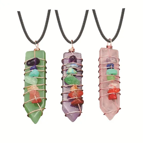 Natural Crystal Point Pendant Handmade Copper Wire Wrapped 7 Chakra Stones Healing Reiki Stone Pendant Without Chain