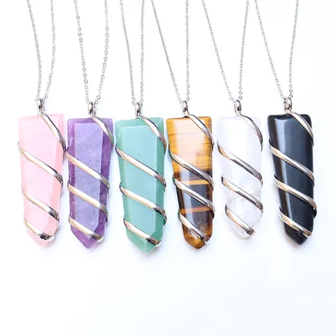 Colgante de Columna Hexagonal de Cristal Natural Collar para Mujeres Hombres Hecho a Mano Envoltura de Alambre en Espiral Piedra Curación Reiki Joyería Espiritual Solo Colgante Sin Cadena