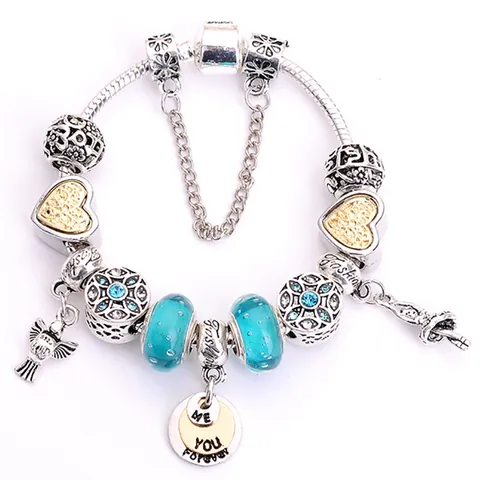 Vintage Μπλε DIY Βραχιόλι Με Χάντρες Lampwork Χρυσή Καρδιά Πουλί Φτερό Αγγέλου Μενταγιόν Θιβετιανό Ασήμι Αλυσίδα Φίδι Γυναικεία Κοσμήματα