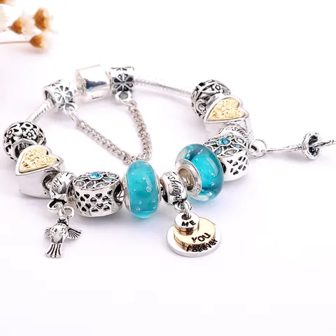 Vintage Μπλε DIY Βραχιόλι Με Χάντρες Lampwork Χρυσή Καρδιά Πουλί Φτερό Αγγέλου Μενταγιόν Θιβετιανό Ασήμι Αλυσίδα Φίδι Γυναικεία Κοσμήματα