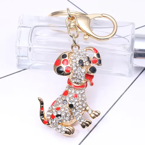 Cartoon Dalmatian Dog Keychain Rhinestone Alloy Animal Bag Charm Gold Plated Crystal Puppy Key Ring Pendant Women Jewelry