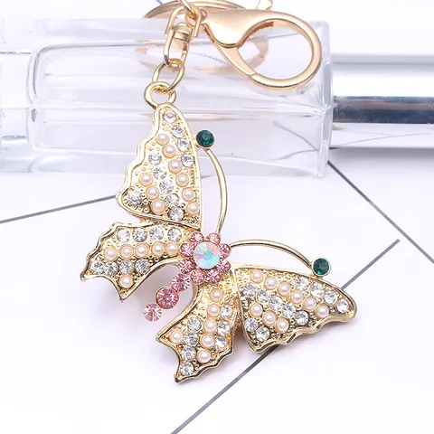 Gold Alloy Butterfly Keychain With Rhinestone Artificial Pearl Embellishments Elegant 3D Butterfly Bag Pendant Key Ring For Women Gift